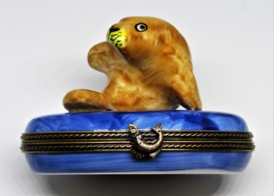 LIMOGES BOX ~ FLORIDA MANATEE & FISH ~ SEA COW ~ MARINE MAMMAL ~ PEINT MAIN