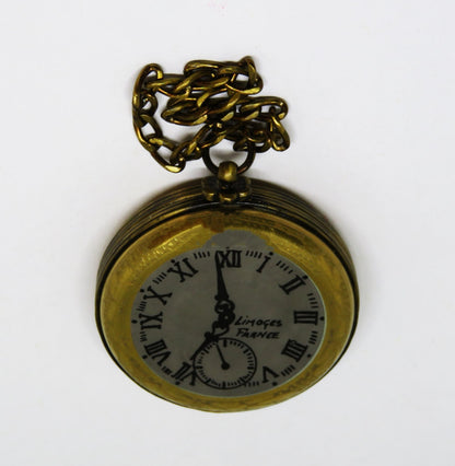 LIMOGES FRANCE BOX - GR - VINTAGE GOLD POCKET WATCH & CHAIN - "ENJOY THE MOMENT"