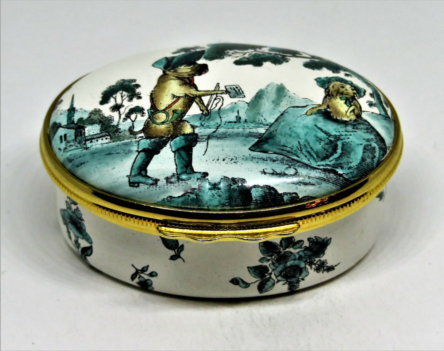 HALCYON DAYS ENAMEL BOX - ANTIQUE REPRODUCTION - WHIMSICAL COURTING DOGS - LOVE