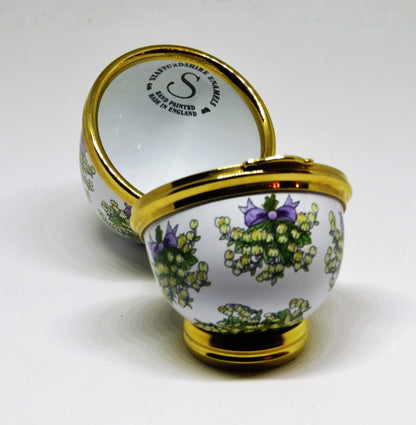 STAFFORDSHIRE ENGLISH ENAMEL BOX -EGG & BOUQUETS OF LILY OF THE VALLEY- FLOWERS