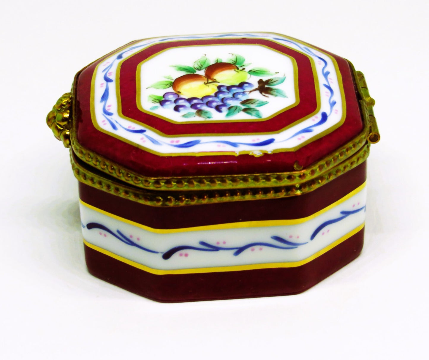 LIMOGES FRANCE BOX ~ BURGUNDY & WHITE OCTAGON - FRUITS - APPLES & GRAPES