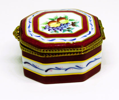 LIMOGES FRANCE BOX ~ BURGUNDY & WHITE OCTAGON - FRUITS - APPLES & GRAPES
