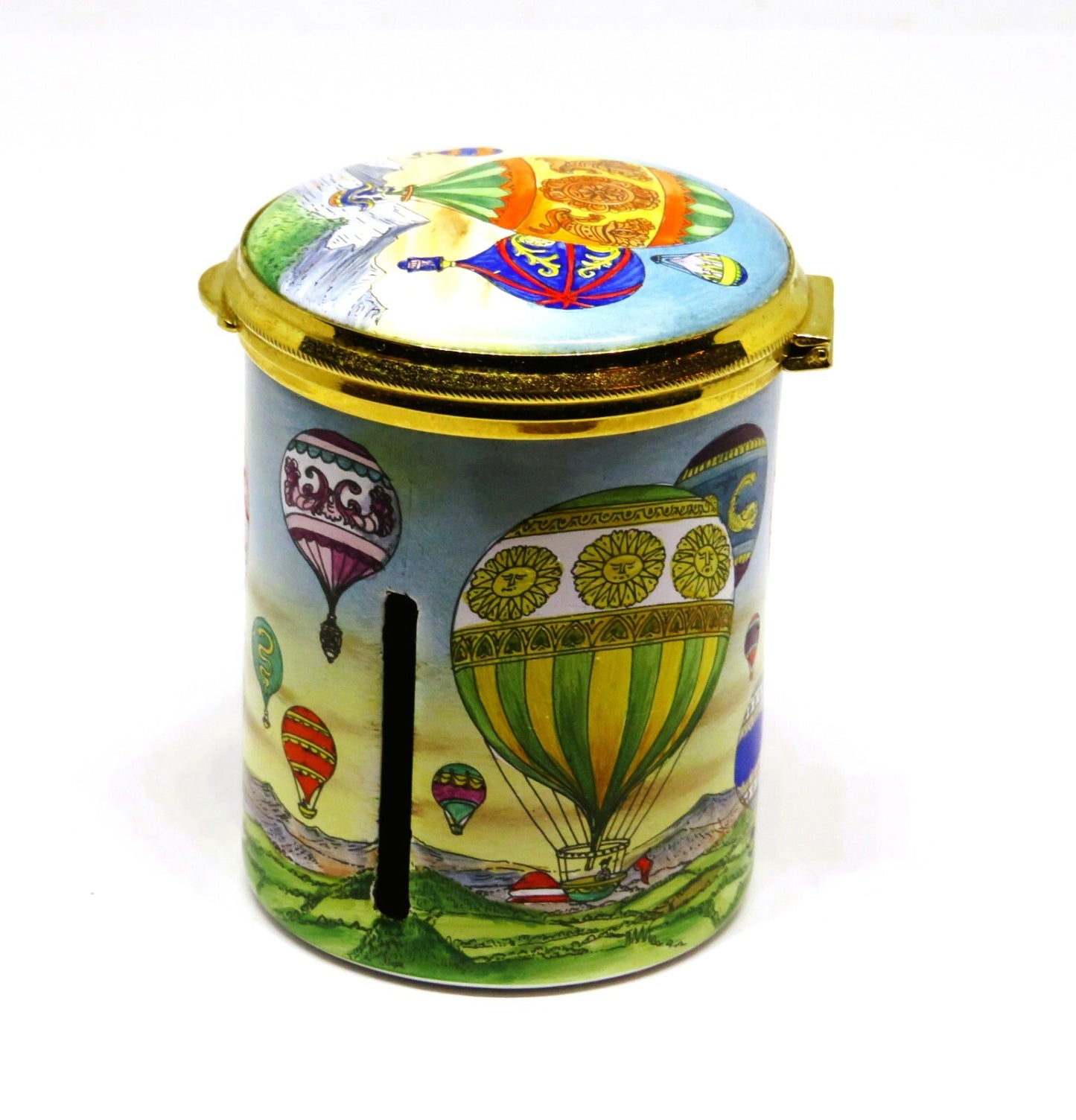 STAFFORDSHIRE ENGLISH ENAMELS STAMP BOX - HOT AIR BALLOONS - AVIATION