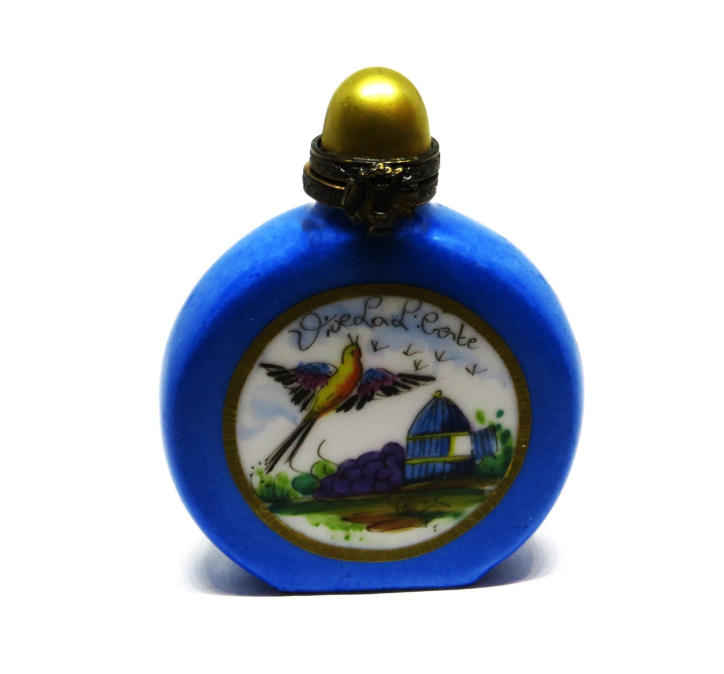 LIMOGES FRANCE BOX - VIALARD - BLUE PERFUME BOTTLE & BIRD - "VIVE LA LIBERTÉ"