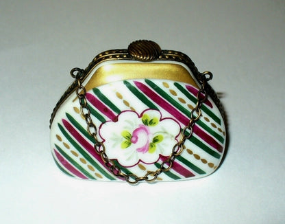 LIMOGES FRANCE BOX~ ROCHARD ~ FLORAL PURSE & CHAIN ~ ROSE & STRIPES ~ PEINT MAIN