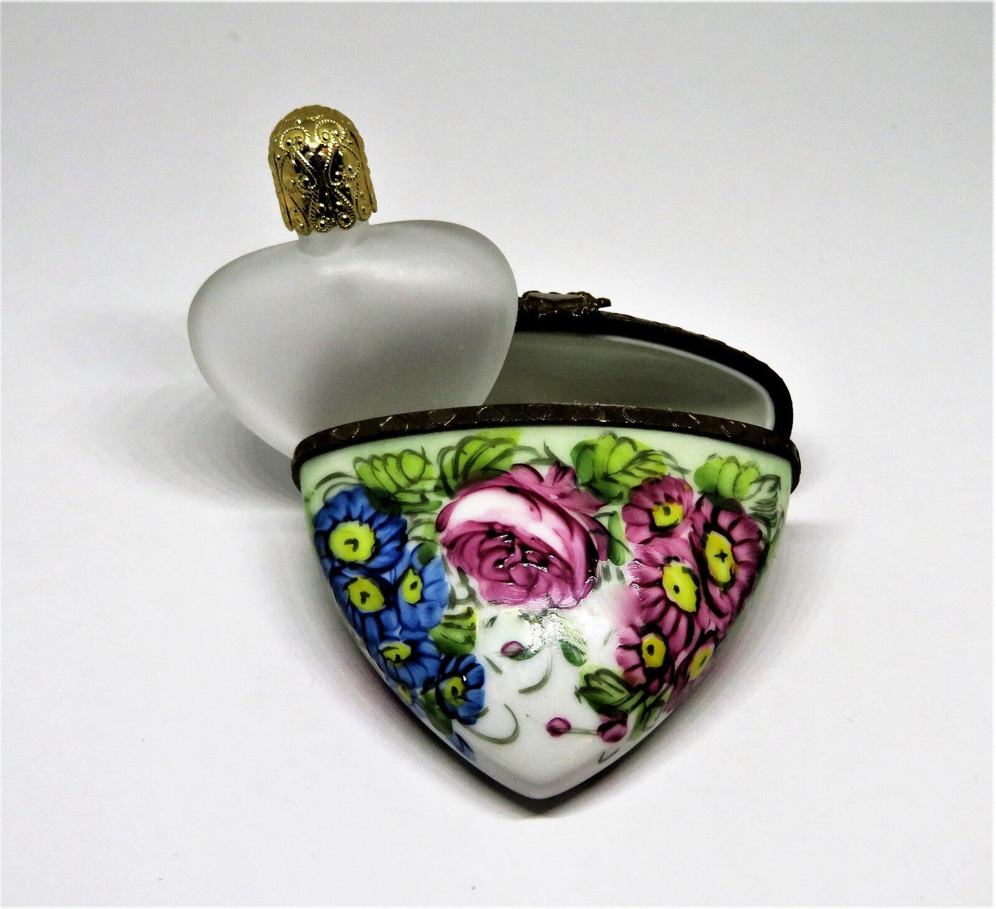 LIMOGES FRANCE BOX - FLORAL HEART & PERFUME BOTTLE - FLOWERS - PINK ROSES