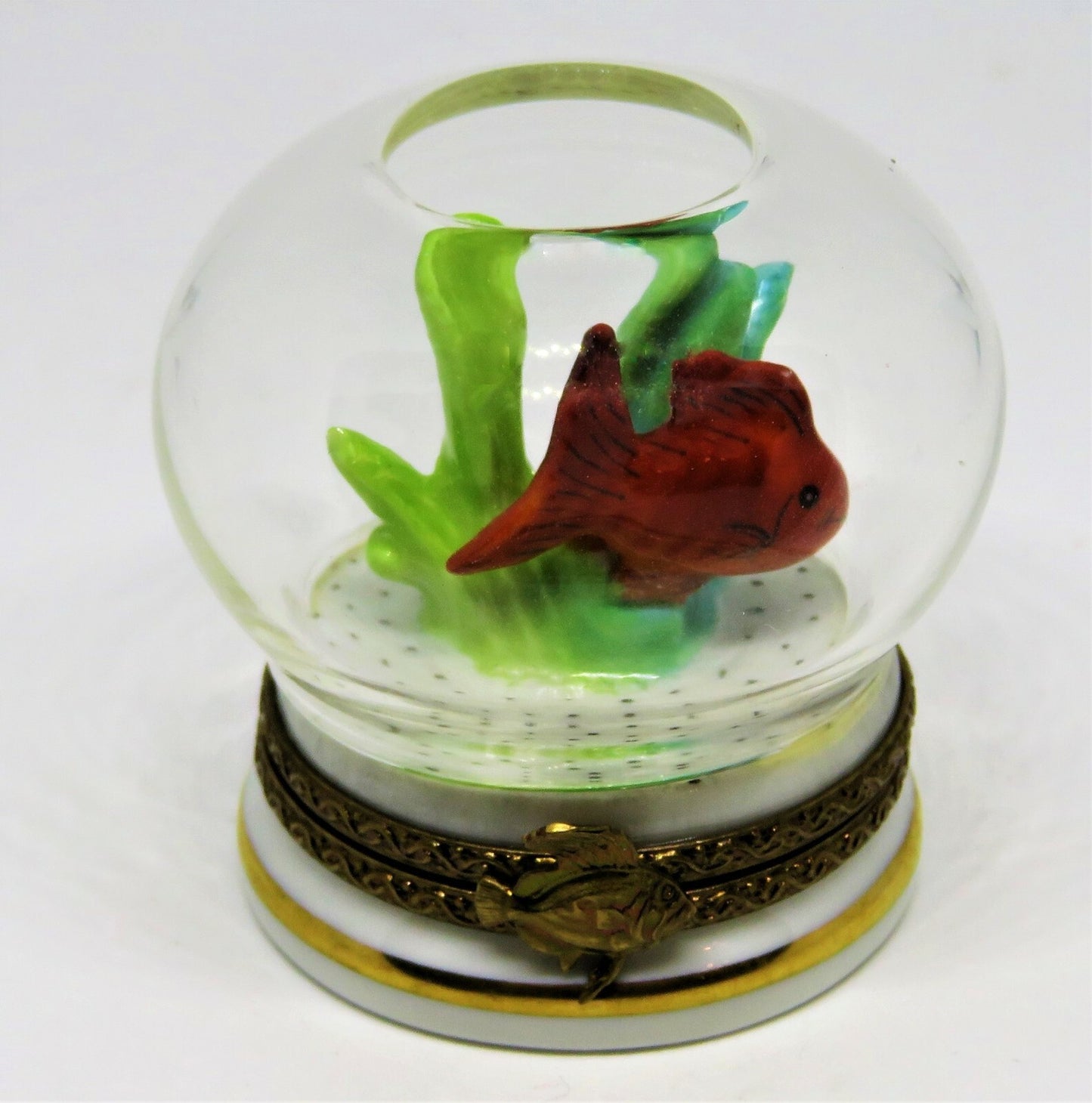 LIMOGES FRANCE BOX - ROCHARD - GOLDFISH IN A GLASS FISH BOWL - CORAL & PEBBLES
