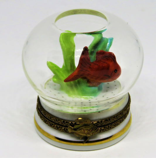 LIMOGES FRANCE BOX - ROCHARD - GOLDFISH IN A GLASS FISH BOWL - CORAL & PEBBLES
