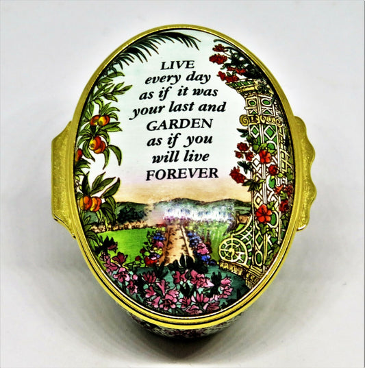 HALCYON DAYS ENAMEL BOX- "GARDEN AS IF YOU WILL LIVE FOREVER" - FLOWERS & FRUITS