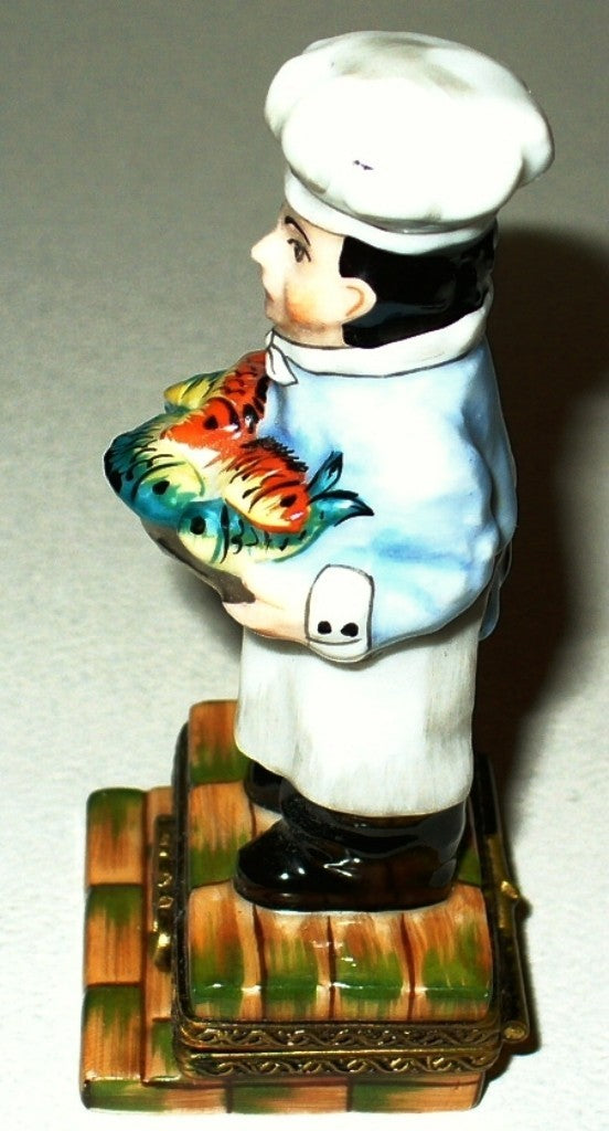 LIMOGES BOX -ELDA- FRENCH CHEF WITH A PLATTER OF FISH - GUY BUFFET STYLE
