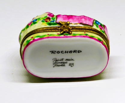 LIMOGES FRANCE BOX - ROCHARD - BABY GIRL IN A BASKET - ROSES & BOW & HEART - BIB