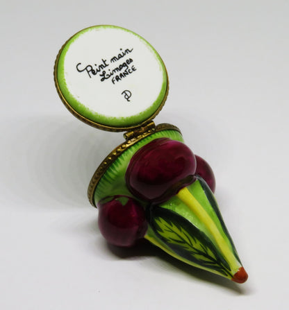 LIMOGES FRANCE BOX - RIPE RED CHERRIES ON A STEM & LEAVES - CHERRY - FRUITS