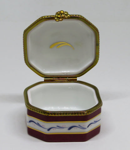 LIMOGES FRANCE BOX ~ BURGUNDY & WHITE OCTAGON - FRUITS - APPLES & GRAPES