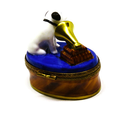 LIMOGES BOX - TERRIER - DOG & GRAMOPHONE - PUPPY - "HIS MASTER'S VOICE" - NIPPER