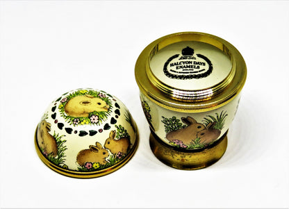 HALCYON DAYS ENAMEL BOX - VINTAGE EASTER BUNNY EGG & STAND - RABBITS & FLOWERS