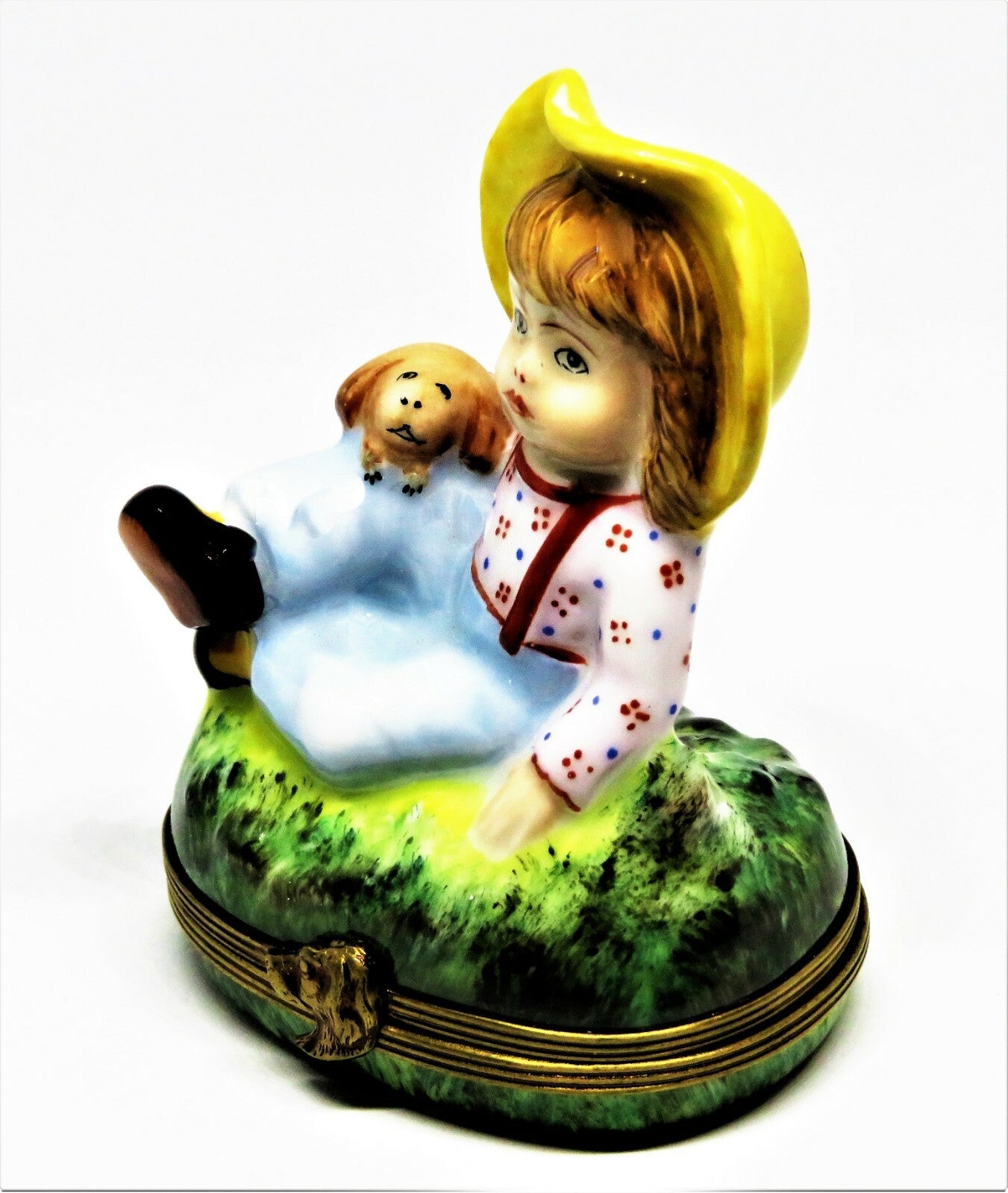 LIMOGES FRANCE BOX - CHAMART - FARM CHILD & DOG - PUPPY - PINK FLOWER INSIDE