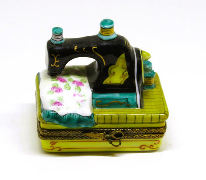 LIMOGES FRANCE BOX - ANTIQUE SEWING MACHINE & ROSE FABRIC -SCISSORS & THREAD- LE