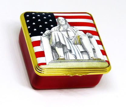 HALCYON DAYS ENGLISH ENAMEL BOX - BENJAMIN FRANKLIN & U. S. FLAG - PHILADELPHIA
