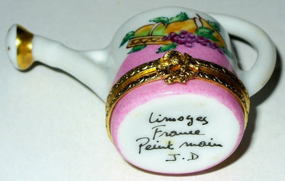 LIMOGES FRANCE BOX ~ PINK GARDEN WATERING CAN & BASKET & FRUITS ~ PEINT MAIN