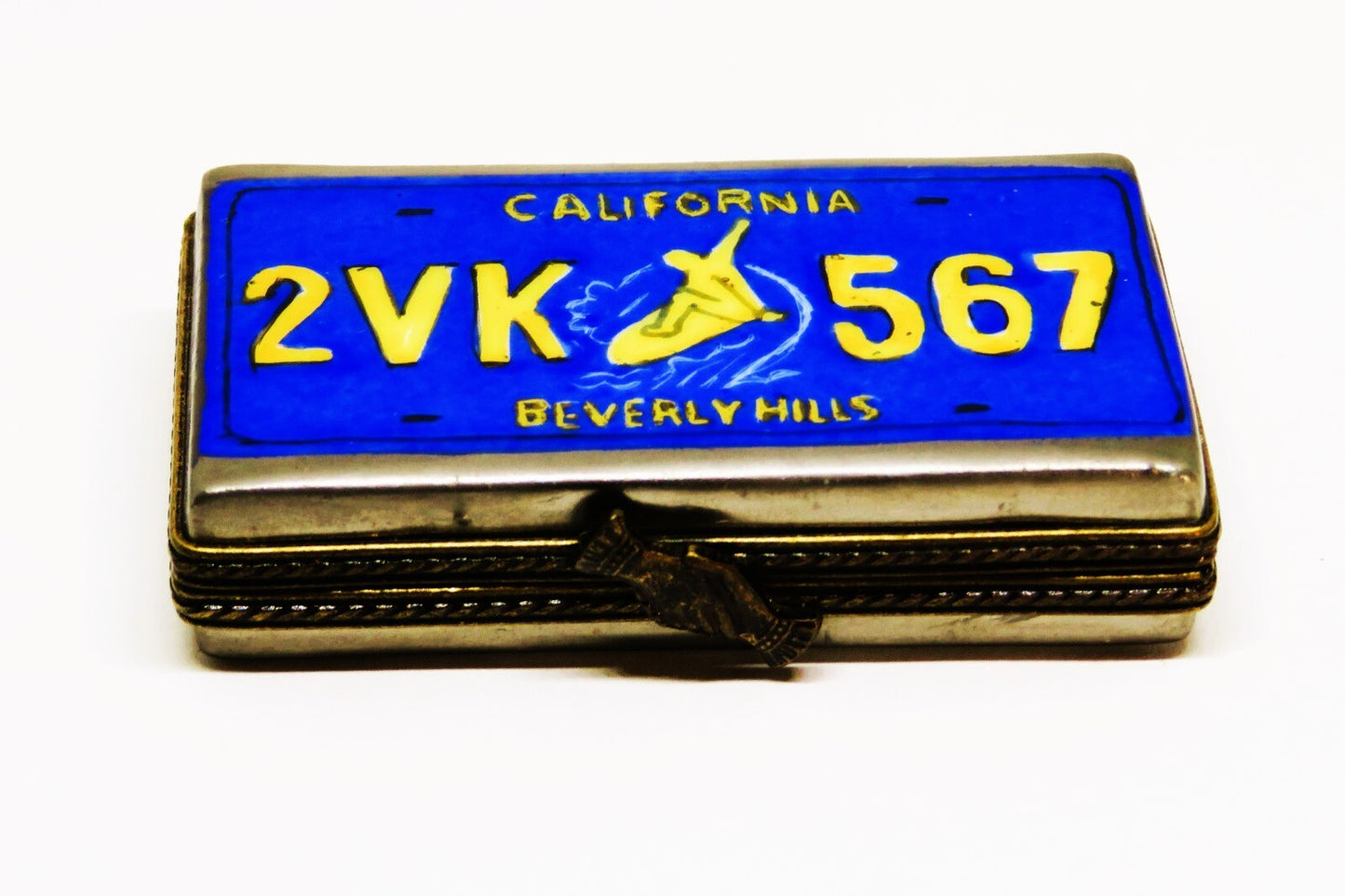 LIMOGES FRANCE BOX~ CALIFORNIA LICENSE PLATE ~ MAN ON A SURFBOARD ~ GOLDEN STATE