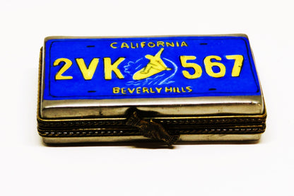 LIMOGES FRANCE BOX~ CALIFORNIA LICENSE PLATE ~ MAN ON A SURFBOARD ~ GOLDEN STATE