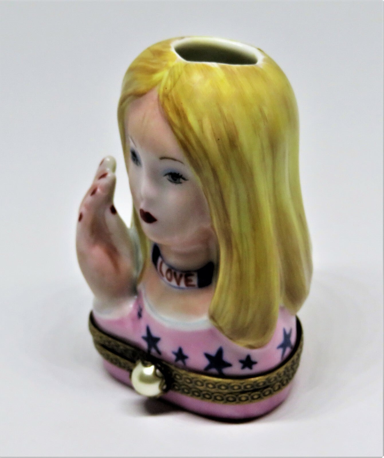 LIMOGES FRANCE BOX - CHANILLE - HIPPIE LADY HEAD VASE - TWO HAT PINS - LE - MIB