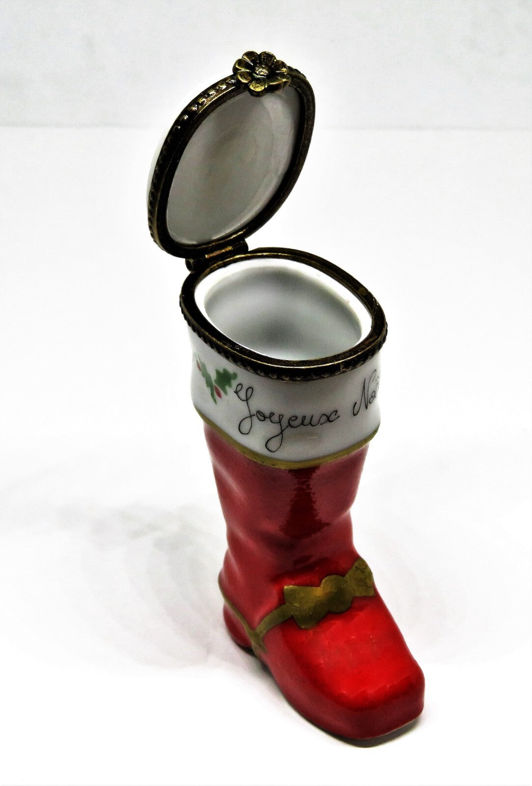 LIMOGES FRANCE BOX -CHRISTMAS- SANTA CLAUS BOOT - HOLLY & WREATH & "JOYEUX NOEL"