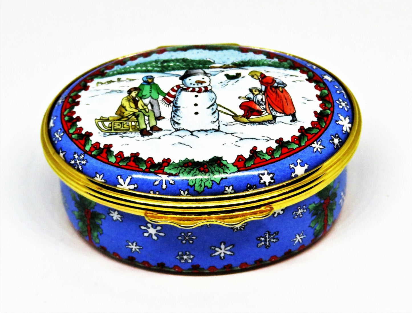 HALCYON DAYS ENAMEL BOX - CHRISTMAS SCENE - SNOWMAN & CHILDREN & SNOWFLAKES