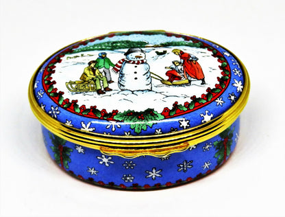 HALCYON DAYS ENAMEL BOX - CHRISTMAS SCENE - SNOWMAN & CHILDREN & SNOWFLAKES