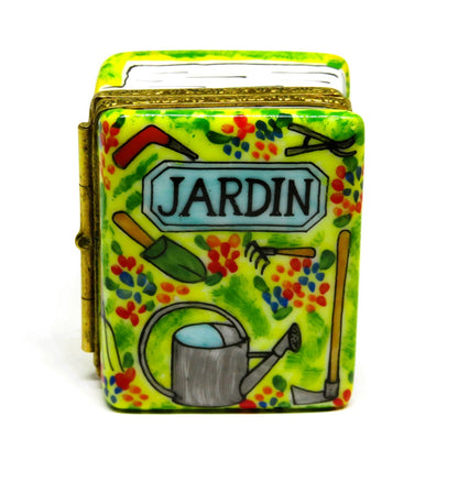 LIMOGES FRANCE BOX -LIMOGES IMPORTS- GARDENING BOOK & TOOLS - FLOWERS - "JARDIN"
