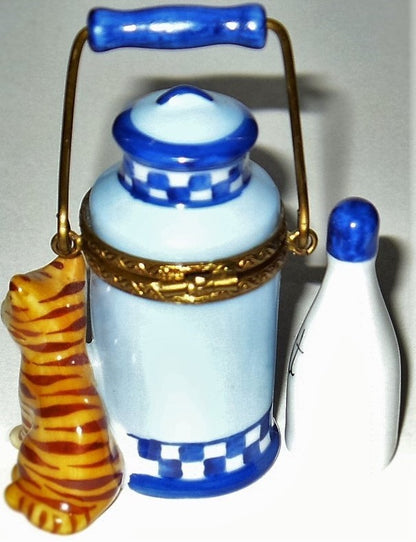 LIMOGES FRANCE BOX - PARRY-VIEILLE - TABBY CAT & MILK BOTTLE - KITTEN - KITTY