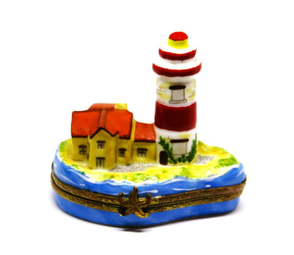 LIMOGES FRANCE BOX - LIGHTHOUSE & ISLAND - STARFISH CLASP - BIRDS & SUN INSIDE