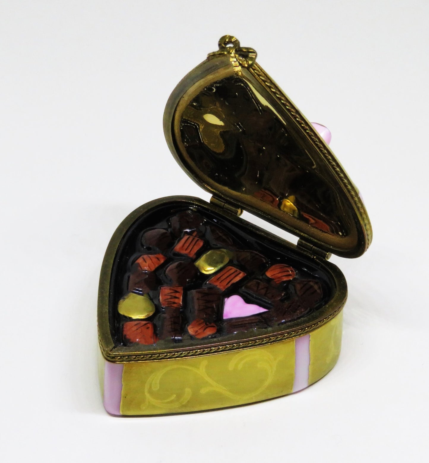 LIMOGES BOX ~ ROCHARD ~ GOLD HEART & CANDY & BOW ~ "WITH LOVE" ~ ANNIVERSARY