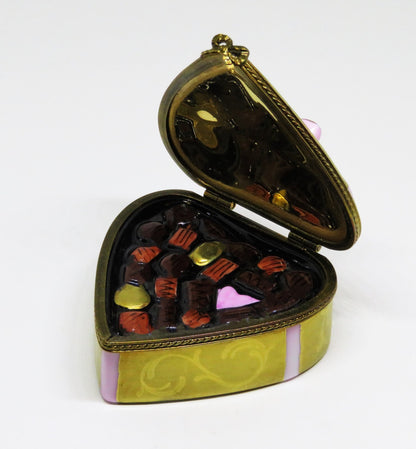 LIMOGES BOX ~ ROCHARD ~ GOLD HEART & CANDY & BOW ~ "WITH LOVE" ~ ANNIVERSARY