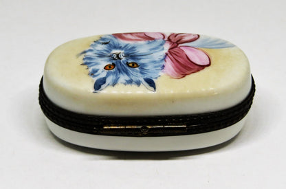 LIMOGES FRANCE BOX -ROCHARD- VINTAGE PERSIAN CAT & PINK BOW -KITTEN- KITTY -"MC"