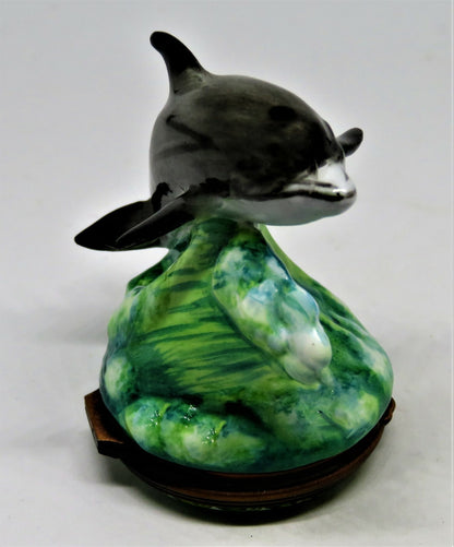 HALCYON DAYS ENGLISH ENAMEL BOX - DOLPHIN ON A WAVE BONBONNIERE - PORPOISE - MIB