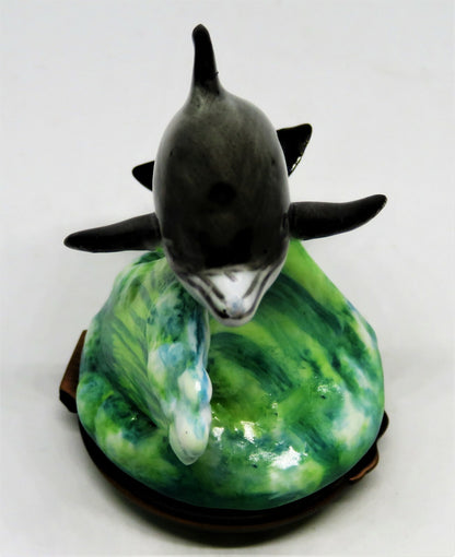 HALCYON DAYS ENGLISH ENAMEL BOX - DOLPHIN ON A WAVE BONBONNIERE - PORPOISE - MIB
