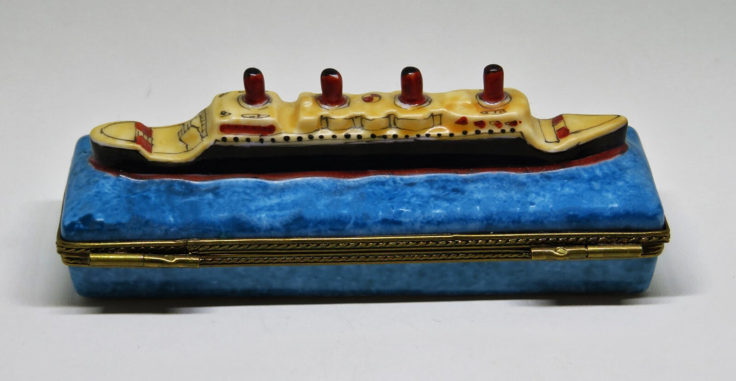 LIMOGES FRANCE BOX- CRUISE SHIP - LUXURY OCEAN LINER -SHIP'S WHEEL CLASP- TRAVEL