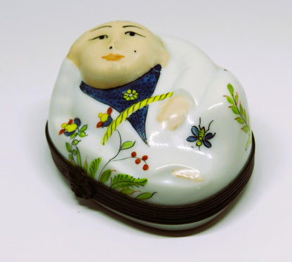 LIMOGES FRANCE BOX - RECLINING BUDDHA - FLOWERS & BUTTERFLY & ASIAN MAN - "MC"