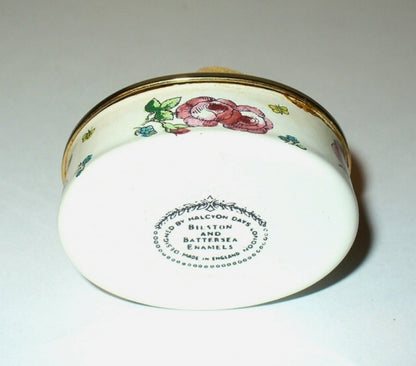 HALCYON DAYS ENAMEL BOX - FLORAL & BUTTERFLY PIN CUSHION - ROSES - SEWING - MIB