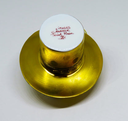 LIMOGES FRANCE BOX - GOLD INCRUSTATION "CHAPEAU DE PARIS" HAT - GOLD LAME FLOWER