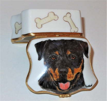 LIMOGES FRANCE BOX - ROTTWEILER DOG & BONES -SCOTLAND'S YARD STUDIO- LUCY ZAHRAN