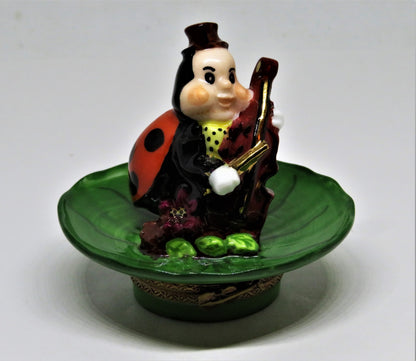 LIMOGES FRANCE BOX - WHIMSICAL LADYBUG PLAYING THE CELLO ON A LEAF - MUSIC