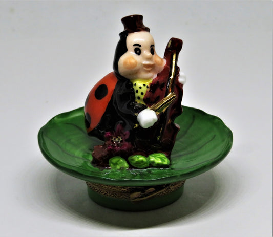 LIMOGES FRANCE BOX - WHIMSICAL LADYBUG PLAYING THE CELLO ON A LEAF - MUSIC