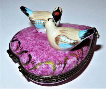 LIMOGES FRANCE BOX - PINK & GOLD HEART & LOVEBIRDS - "WITH LOVE" - ANNIVERSARY