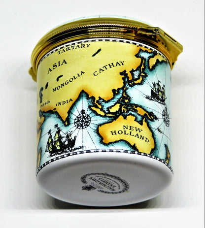 HALCYON DAYS ENAMEL BOX - ANTIQUE NAUTICAL MAP - MASTED SAILING SHIPS - COMPASS