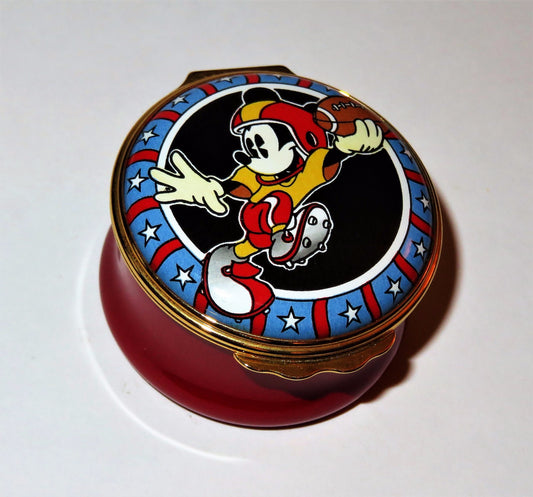 HALCYON DAYS ENAMEL BOX -DISNEY- MICKEY MOUSE PLAYING FOOTBALL - SUPER BOWL -MIB