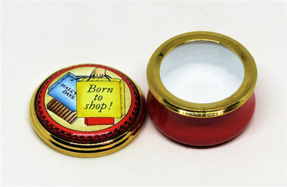 HALCYON DAYS ENGLISH ENAMEL BOX - "BORN TO SHOP!' - SHOPPING BAGS