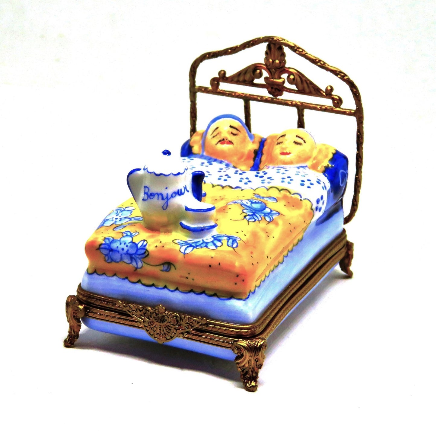 LIMOGES FRANCE BOX - COUPLE IN A BRASS BED - COFFEE  POT & CUPS - "BONJOUR"