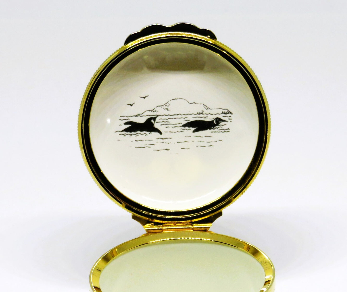 HALCYON DAYS ENGLISH ENAMEL BOX - EMPEROR PENGUINS - BIRDS - FISH - ANTARCTICA